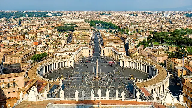 St Peter's Square seen from the top of the dome: the oval of the square, the obelisk at the centre and the two arms of the colonnade